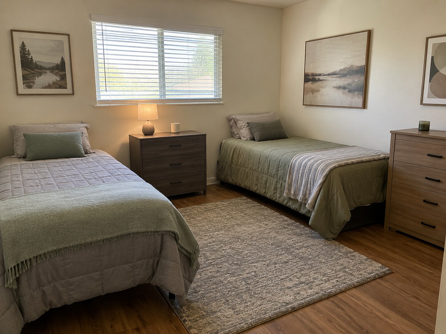Representative clean shared bedroom with two twin beds, two dressers, a rug, and simple artwork